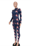 Dark Blue Fashion Casual Print Basic Zipper Collar Regular Jumpsuits