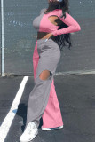 Red Fashion Casual Patchwork Hollowed Out O Neck Long Sleeve Two Pieces
