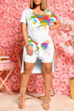 White Fashion Casual Print Slit O Neck Short Sleeve Two Pieces