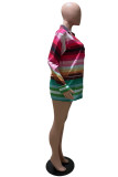 Green Fashion Casual Striped Print Cardigan Turndown Collar Tops