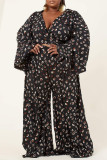 Black Brown Fashion Casual Print Bandage V Neck Long Sleeve Two Pieces
