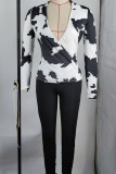 White Fashion Casual Print Slit V Neck Long Sleeve Two Pieces