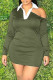 Army Green Fashion Casual Solid Hollowed Out Patchwork Turndown Collar Long Sleeve Dresses