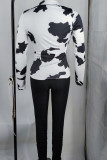 White Fashion Casual Print Slit V Neck Long Sleeve Two Pieces