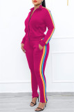Blue Fashion Casual Striped Patchwork Zipper Collar Long Sleeve Two Pieces