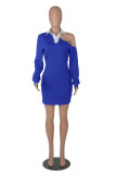 Blue Fashion Casual Solid Hollowed Out Patchwork Turndown Collar Long Sleeve Dresses