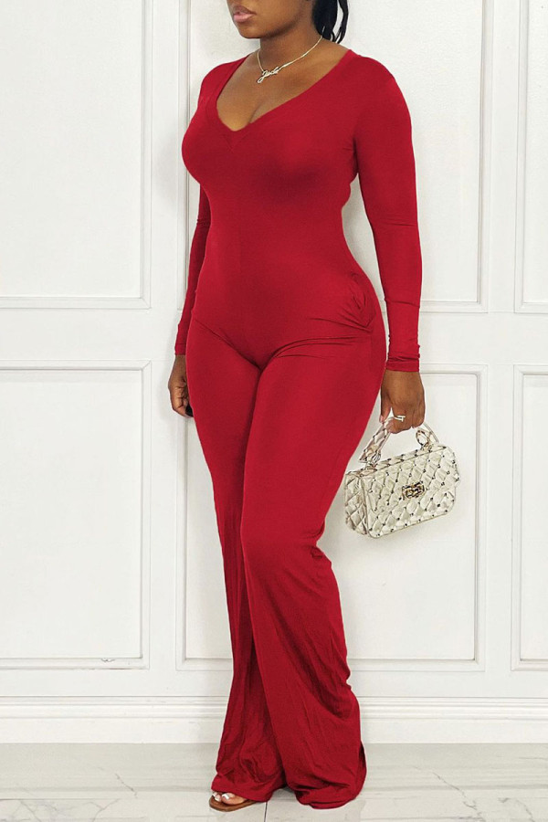 Red Casual Solid Patchwork V Neck Straight Jumpsuits(Without Belt)
