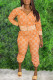 Orange Fashion Street Print Patchwork Turndown Collar Long Sleeve Two Pieces