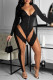 Black Fashion Casual Patchwork See-through V Neck Skinny Jumpsuits