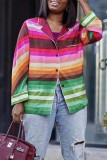 Green Fashion Casual Striped Print Cardigan Turndown Collar Tops