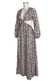 Camel Fashion Sexy Print Hollowed Out V Neck Long Sleeve Dresses