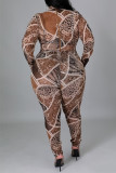 Brown Fashion Casual Print Basic Half A Turtleneck Long Sleeve Two Pieces