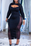 Pink Sexy Solid Hollowed Out Patchwork See-through O Neck One Step Skirt Dresses