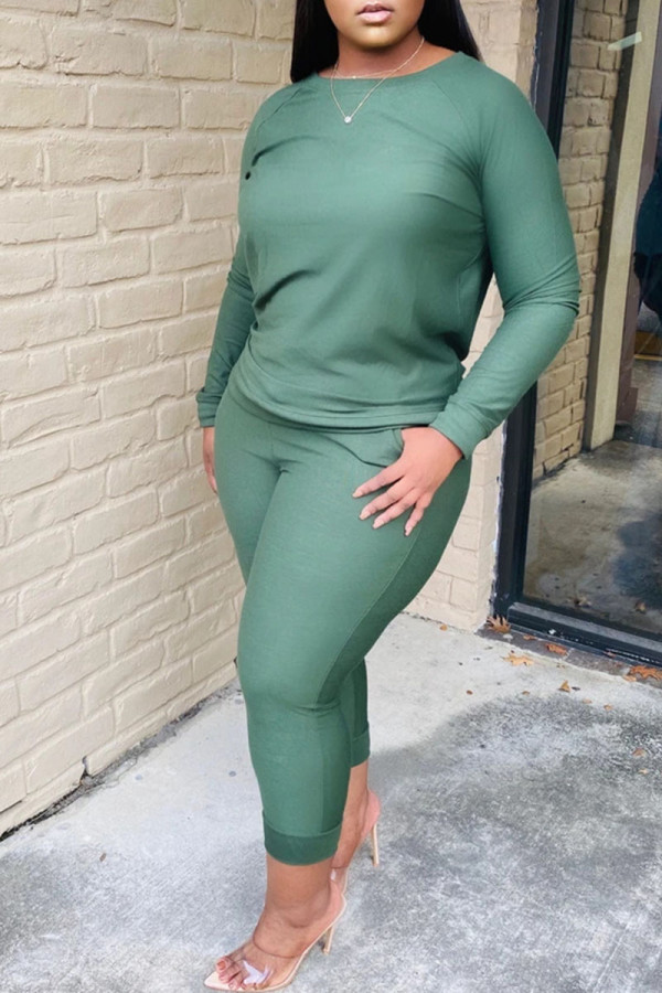 Green Casual Solid Patchwork O Neck Long Sleeve Two Pieces