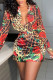 Multicolor Sexy Print Patchwork Buckle Turndown Collar One Step Skirt Dresses