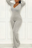 Grey Casual Solid Patchwork V Neck Straight Jumpsuits(Without Belt)