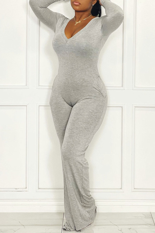 Grey Casual Solid Patchwork V Neck Straight Jumpsuits(Without Belt)