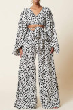 Black Brown Fashion Casual Print Bandage V Neck Long Sleeve Two Pieces