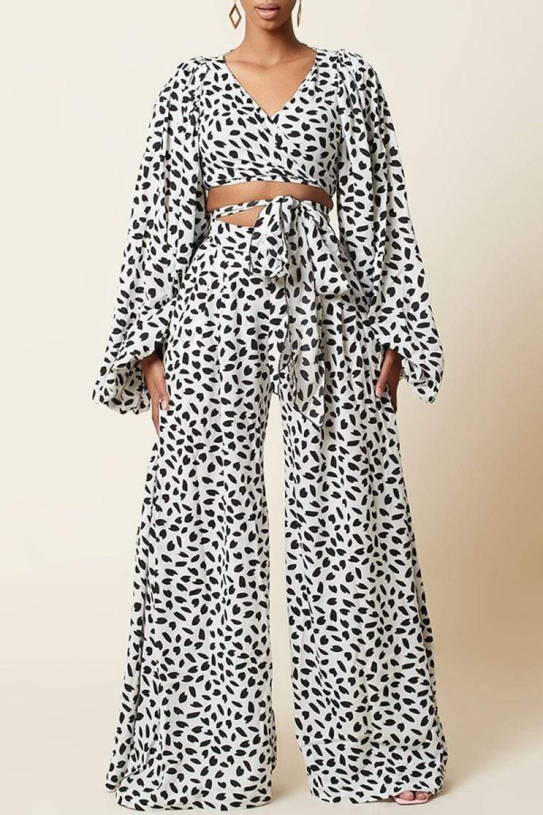 White Fashion Casual Print Bandage V Neck Long Sleeve Two Pieces