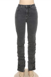 Grey Fashion Casual Solid Slit Fold High Waist Regular Denim Jeans