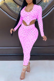 Pink Sexy Print Patchwork Asymmetrical Zipper Hooded Collar Long Sleeve Two Pieces