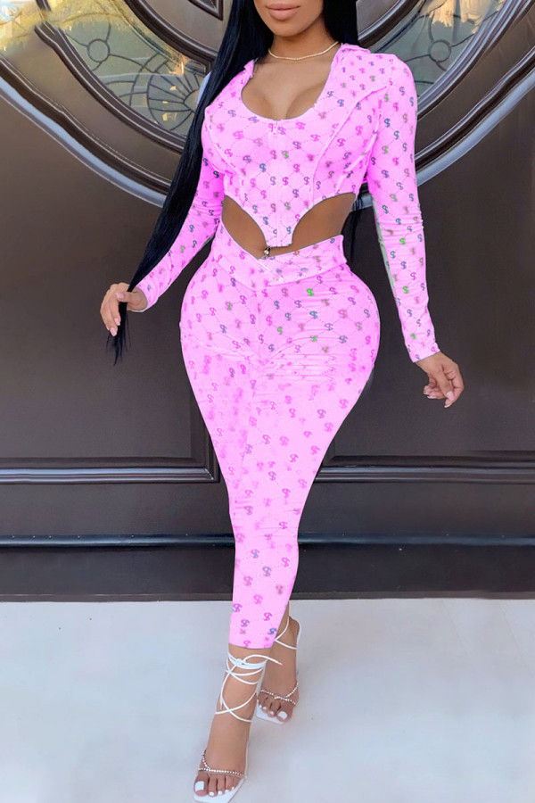 Pink Sexy Print Patchwork Asymmetrical Zipper Hooded Collar Long Sleeve Two Pieces