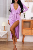 Purple Sexy Solid Split Joint High Opening With Bow V Neck Straight Dresses