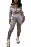 Grey Fashion adult Europe and America Ma'am Patchwork Solid Two Piece Suits pencil Long Sleeve Two Pieces