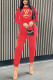 Tangerine Red Fashion Casual Print Basic O Neck Long Sleeve Two Pieces