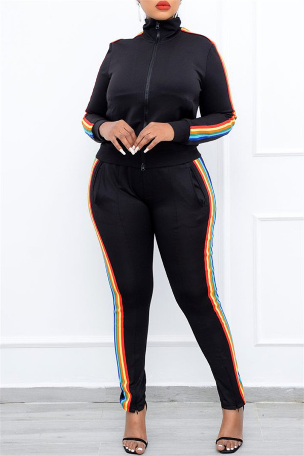 Black Fashion Casual Striped Patchwork Zipper Collar Long Sleeve Two Pieces