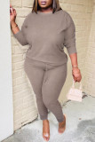 Khaki Casual Solid Patchwork O Neck Long Sleeve Two Pieces