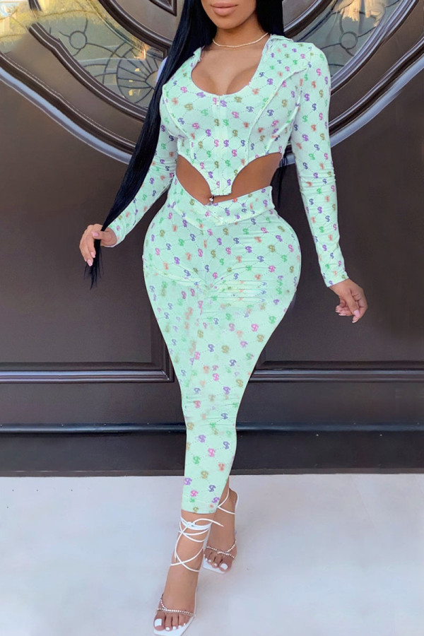 Fluorescent Green Sexy Print Patchwork Asymmetrical Zipper Hooded Collar Long Sleeve Two Pieces
