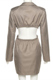 Khaki Sexy Casual Solid Backless Turndown Collar Long Sleeve Dresses