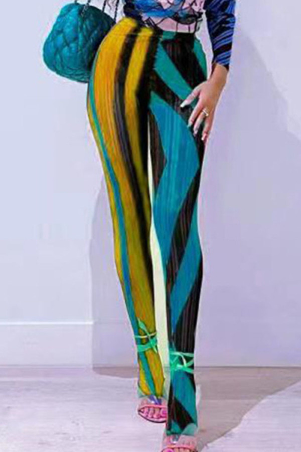Yellow Sexy Geometric Print Patchwork Skinny High Waist Pencil Positioning Print Bottoms