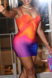 Multicolor Fashion Sexy Print Backless Spaghetti Strap Sleeveless Dress