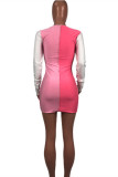 Pink Fashion Casual Patchwork Basic O Neck Long Sleeve Dresses (Without Waist Chain)