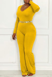 Yellow Casual Solid Patchwork V Neck Straight Jumpsuits(Without Belt)