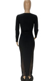 Pink Sexy Solid Hollowed Out Patchwork See-through O Neck One Step Skirt Dresses