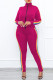 Rose Red Fashion Casual Striped Patchwork Zipper Collar Long Sleeve Two Pieces
