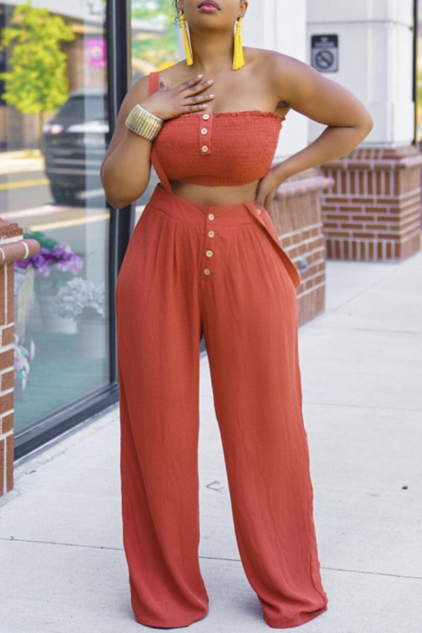 Brown Red Sexy Casual Solid Backless Strapless Sleeveless Two Pieces