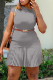 Grey Sexy Gradual Change Patchwork Half A Turtleneck Pleated Dresses (With Belt)
