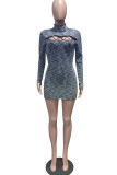 Grey Sexy Hollowed Out Split Joint Half A Turtleneck Pencil Skirt Dresses