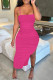 Rose Red Sexy Solid See-through Backless Slit Spaghetti Strap Mesh Dress