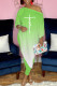 Fluorescent Green Fashion Casual Gradual Change Asymmetrical Oblique Collar Long Sleeve Two Pieces