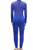Blue Sexy Solid Bandage Split Joint See-through Fold O Neck Skinny Jumpsuits