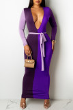 Orange Fashion Casual Patchwork With Belt V Neck Long Sleeve Dresses