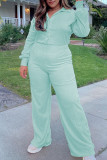 Mint green Casual Solid Patchwork Buckle Turndown Collar Plus Size Jumpsuits