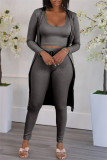 Dark Gray Fashion Casual Solid Cardigan Vests Pants U Neck Long Sleeve Two Pieces