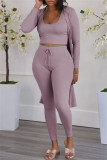 Coffee Fashion Casual Solid Cardigan Vests Pants U Neck Long Sleeve Two Pieces