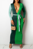 Orange Fashion Casual Patchwork With Belt V Neck Long Sleeve Dresses